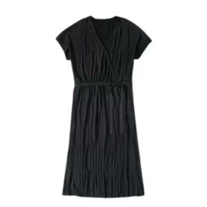 Serra Black Short-Sleeve Wrap Dress with Waist Tie